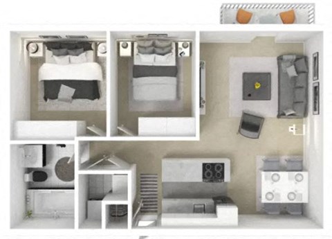 Floor plan for 2 beds, 1 bath, 848 sqft